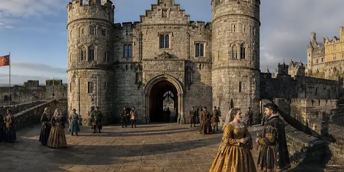 A king and queen holding court at the castle gate
