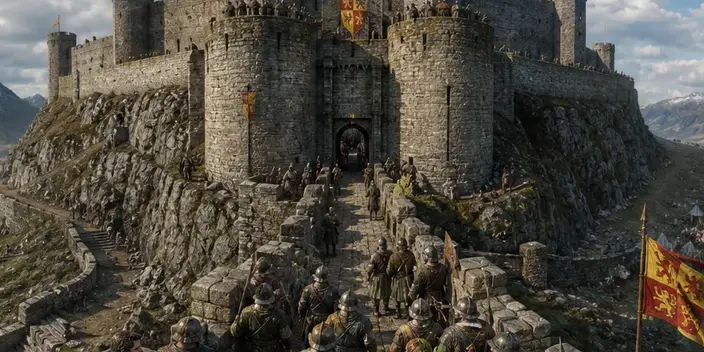 Banners flying over a hillside fortress