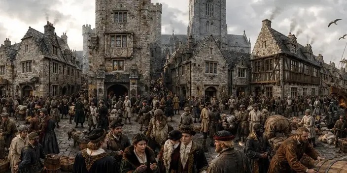 A crowded market square on the edge of a new age