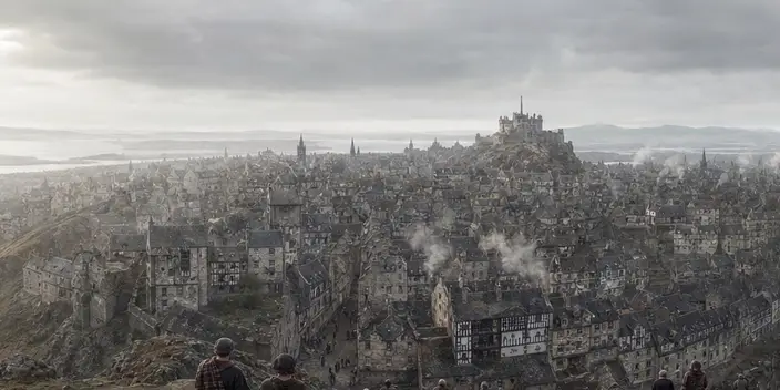 A walled city sprawling beneath its castle rock