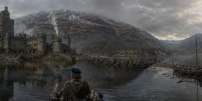 A highland castle on its loch as the boats draw in