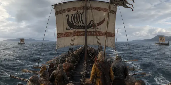 A Viking war fleet under sail