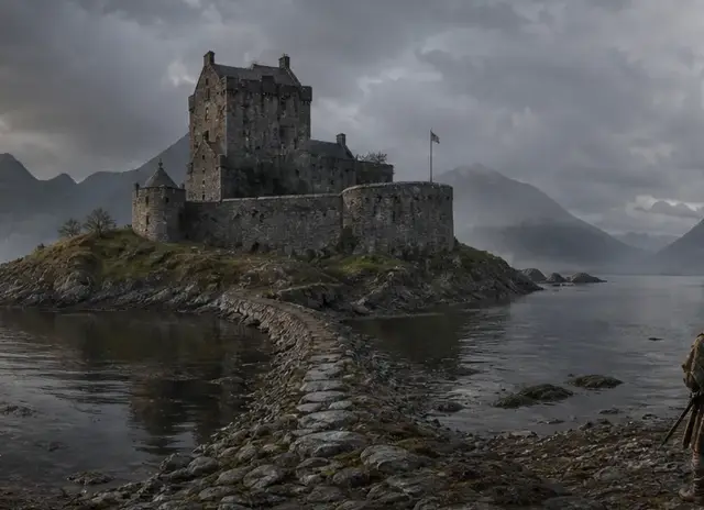 A lone figure before a castle on its loch