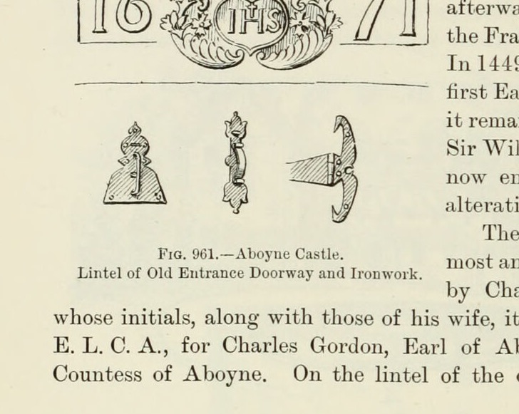 Fig. 961. — Aboyne Castle. Lintel of Old Entrance Doorway and Ironwork., Aboyne Castle