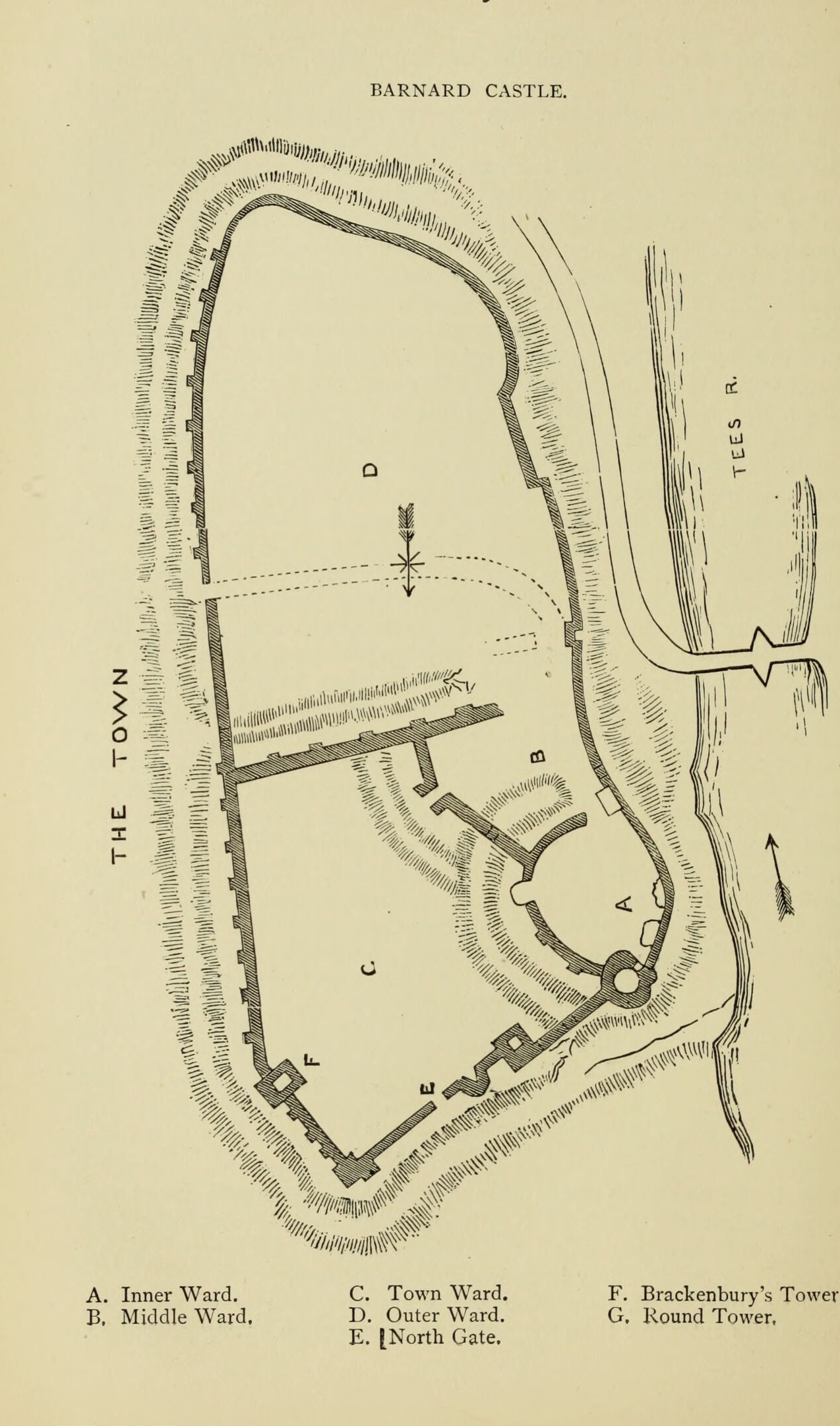BARNARD CASTLE. A. Inner Ward. B. Middle Ward. C. Town Ward. D. Outer Ward. E. [North Gate. F. Brackenbury's Tower. G. Round Tower., Barnard Castle
