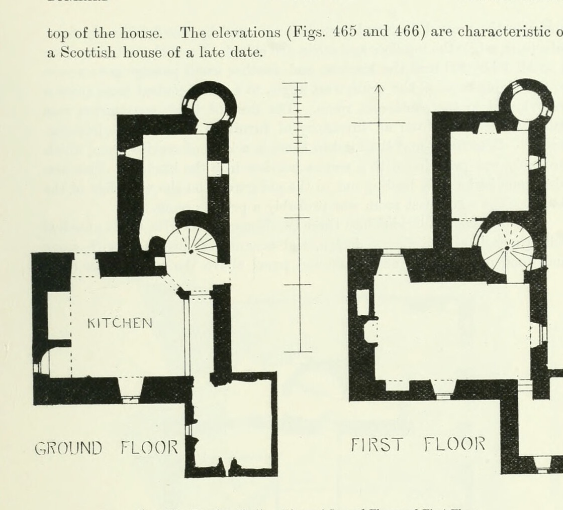 Fig. 467. — Bavelaw Castle. Plans of Ground Floor and First Floor., Bavelaw Castle