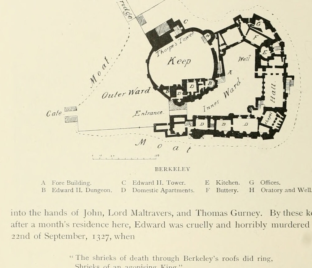BERKELEY (plan). Legend: A Fore Building. B Edward II. Dungeon. C Edward II. Tower. D Domestic Apartments. E Kitchen. F Buttery. G Offices. H Oratory and Well., Berkeley Castle