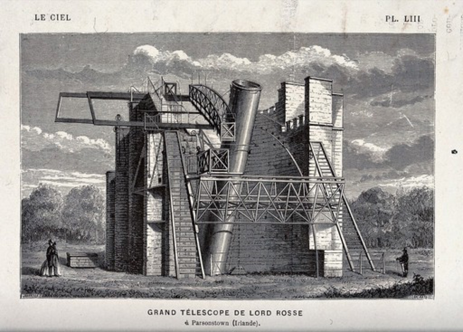 Astronomy: a large refracting telescope, at Birr Castle, Ireland. Engraving., Birr Castle