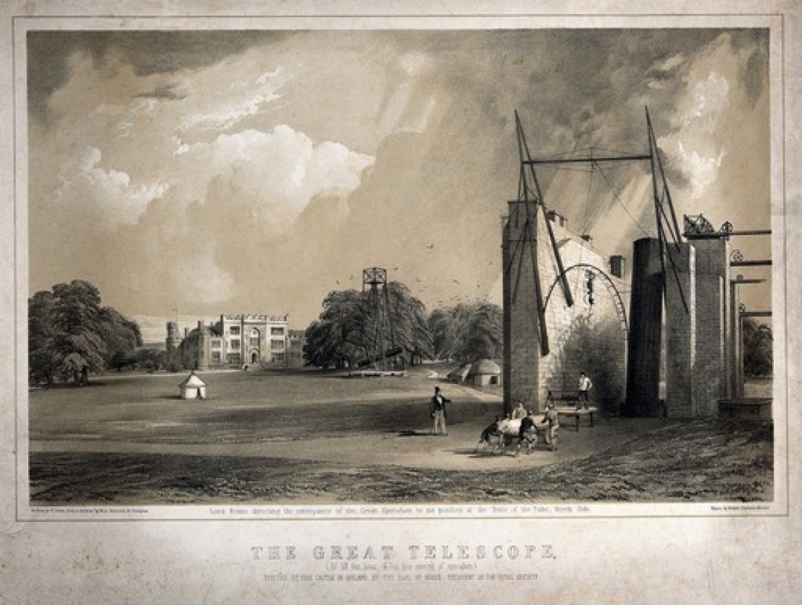Astronomy: a large refracting telescope, at Birr Castle, Ireland. Lithograph by W. Bevan after Miss Henrietta , Birr Castle