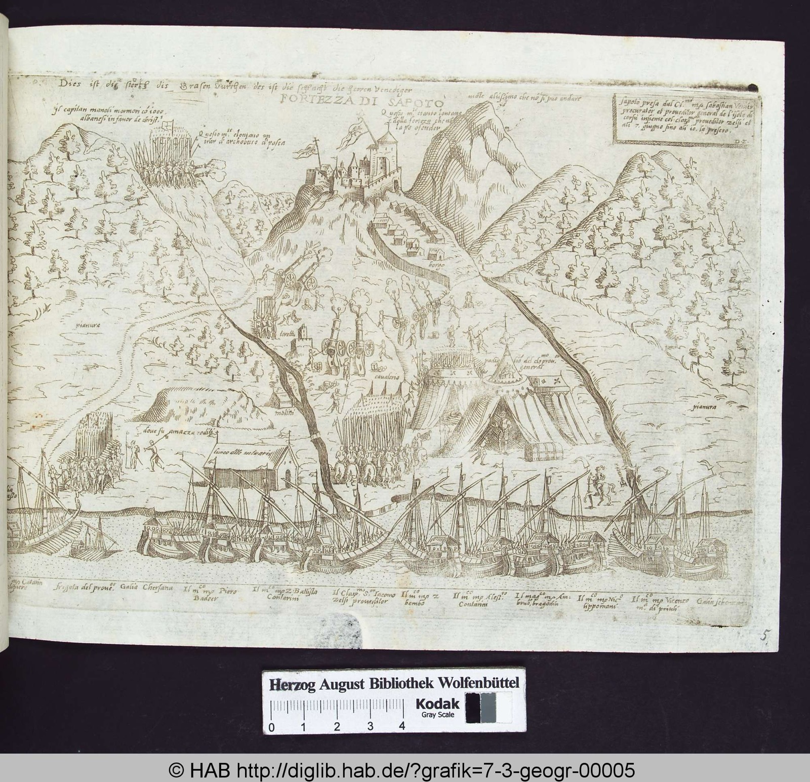 Landkarte mit Stadtansicht von Soppoto/Borsh Festung unter venezianische Beschuss., Borsh Fortress