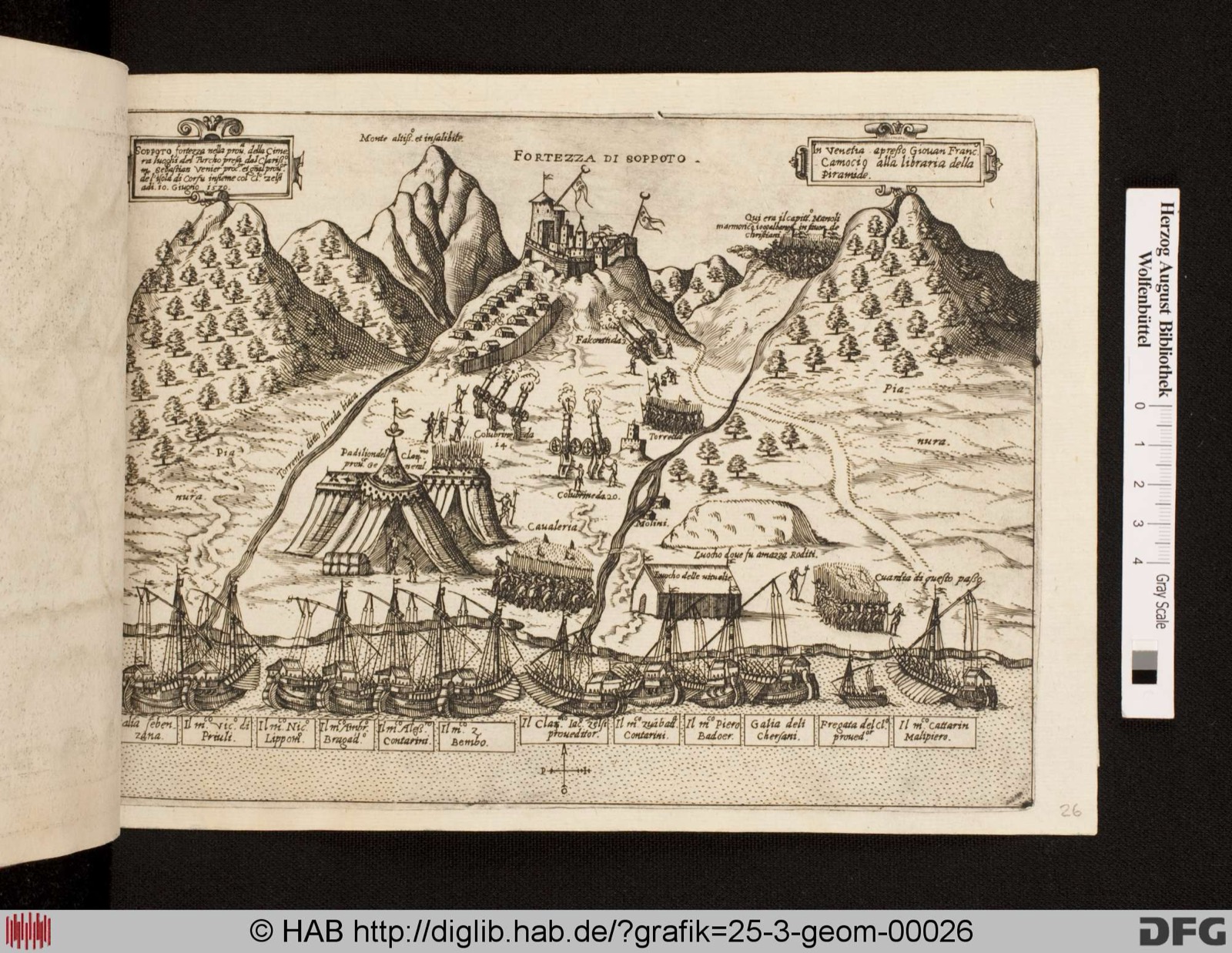 Landkarte mit Stadtansicht von Soppoto/Borsh Festung unter venezianische Beschuss., Borsh Fortress