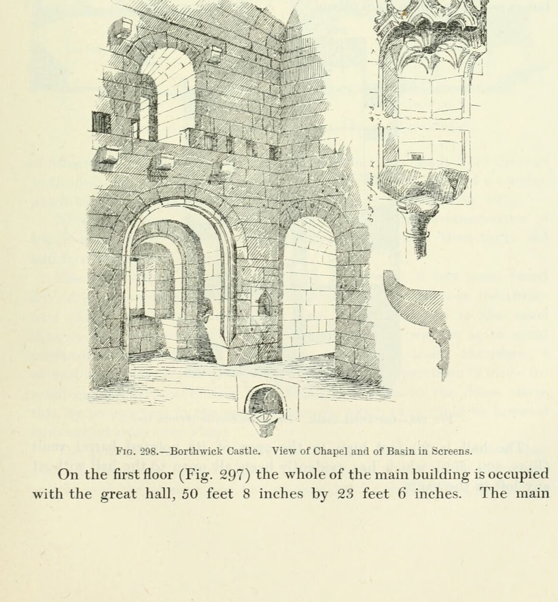 FIG. 298. — Borthwick Castle. View of Chapel and of Basin in Screens., Borthwick Castle