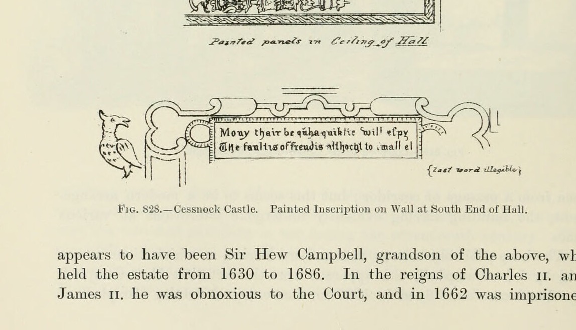 Fig. 827.—Cessnock Castle. Portion of Coat of Arms found in North-West Gable., Cessnock Castle