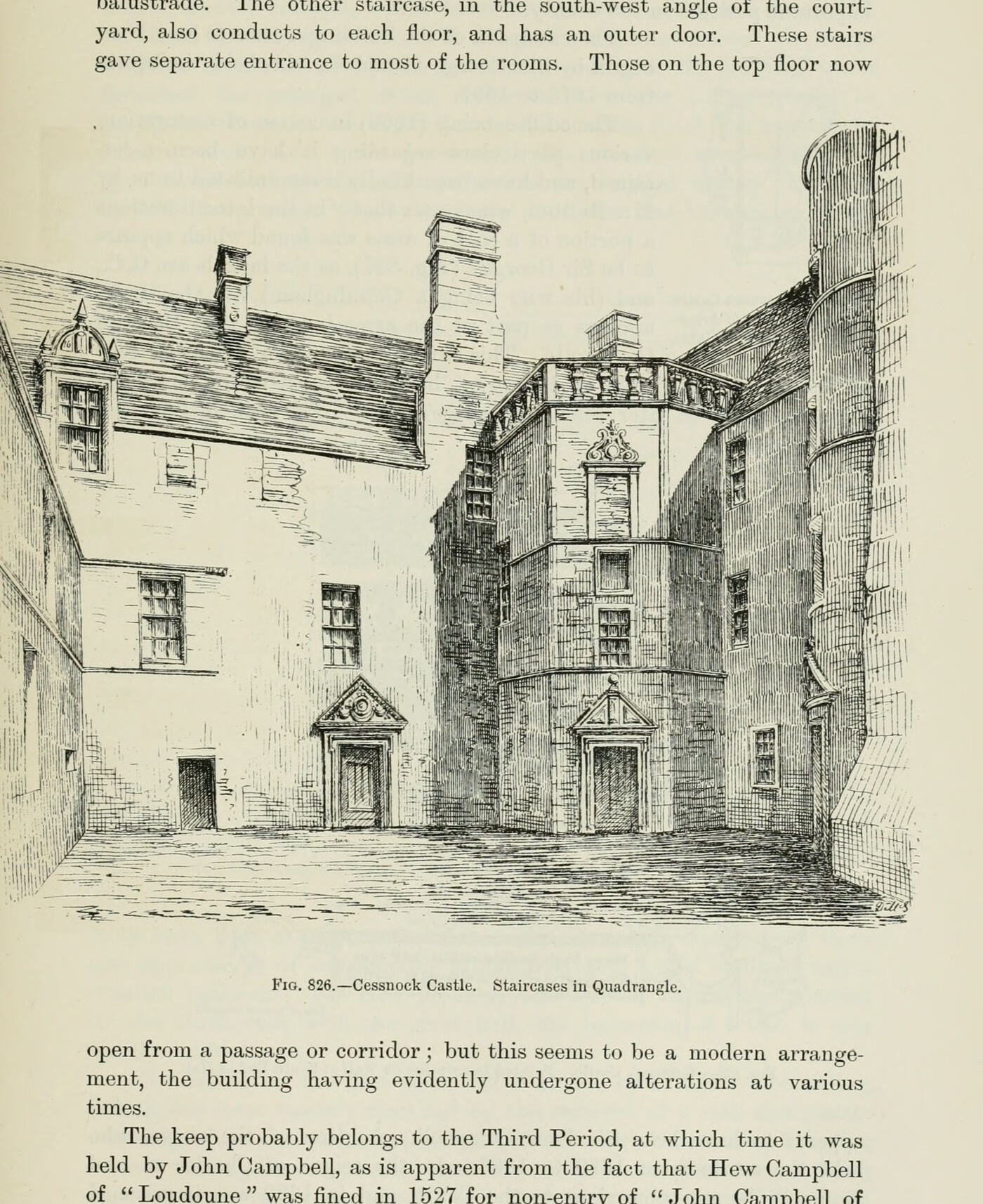 Fig. 826. — Cessnock Castle. Staircases in Quadrangle., Cessnock Castle