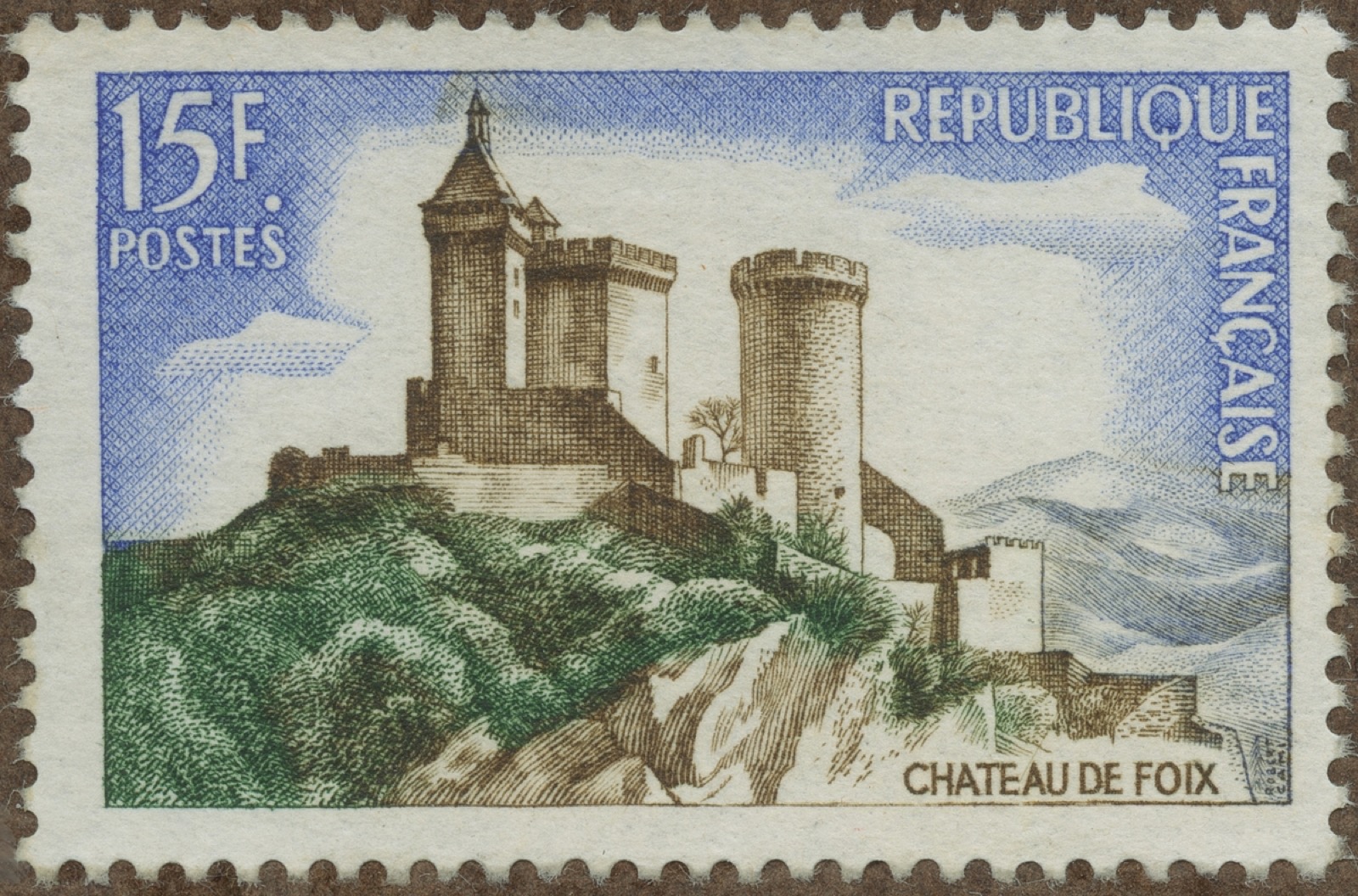 Frimärke ur Gösta Bodmans filatelistiska motivsamling, påbörjad 1950.
Frimärke från Frankrike, 1958. Motiv av , Château de Foix