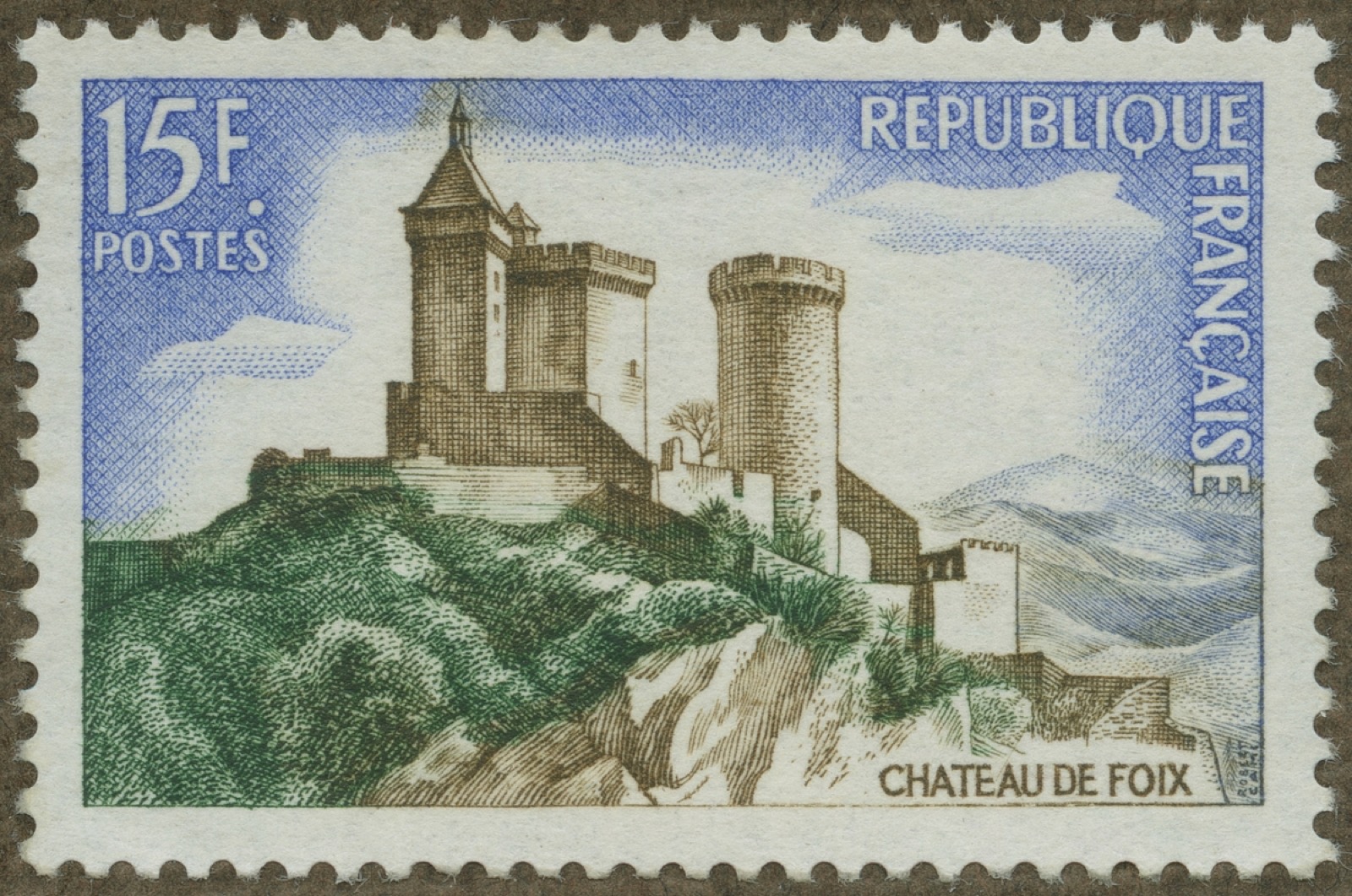 Frimärke ur Gösta Bodmans filatelistiska motivsamling, påbörjad 1950. Frimärke från Frankrike, 1959. Motiv av , Château de Foix