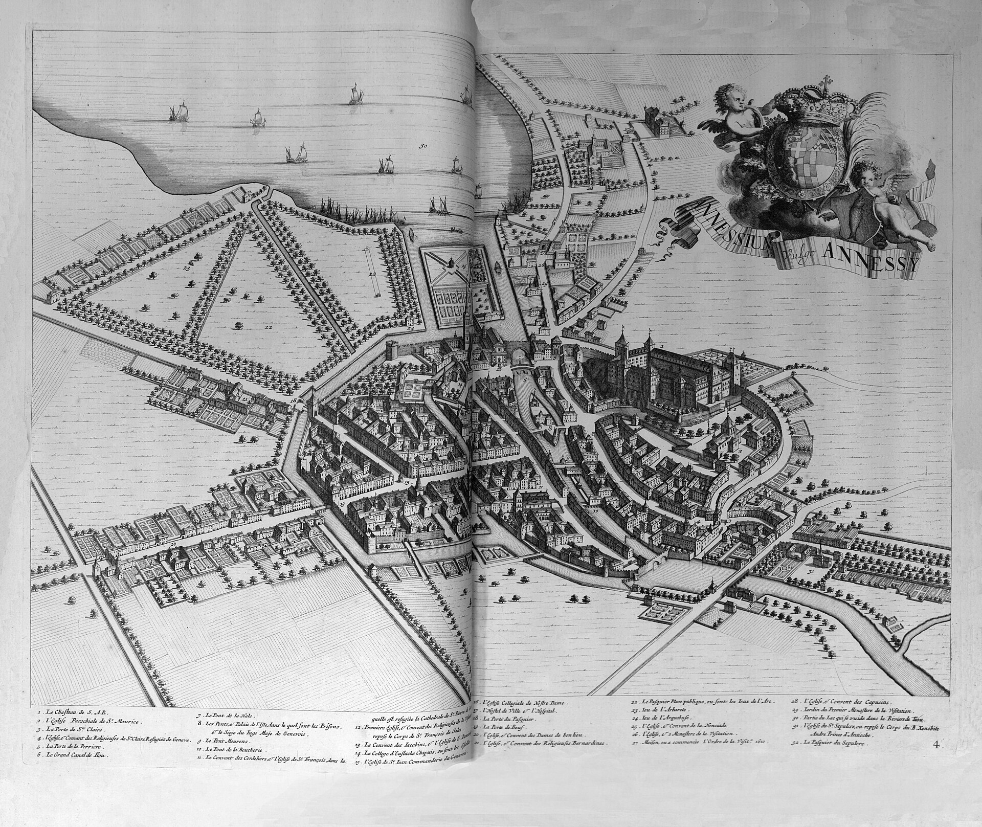 Bird's-eye view of Annecy, from Nouum Theatrum Pedemonti et Sabaudiae (1651) — Annecy