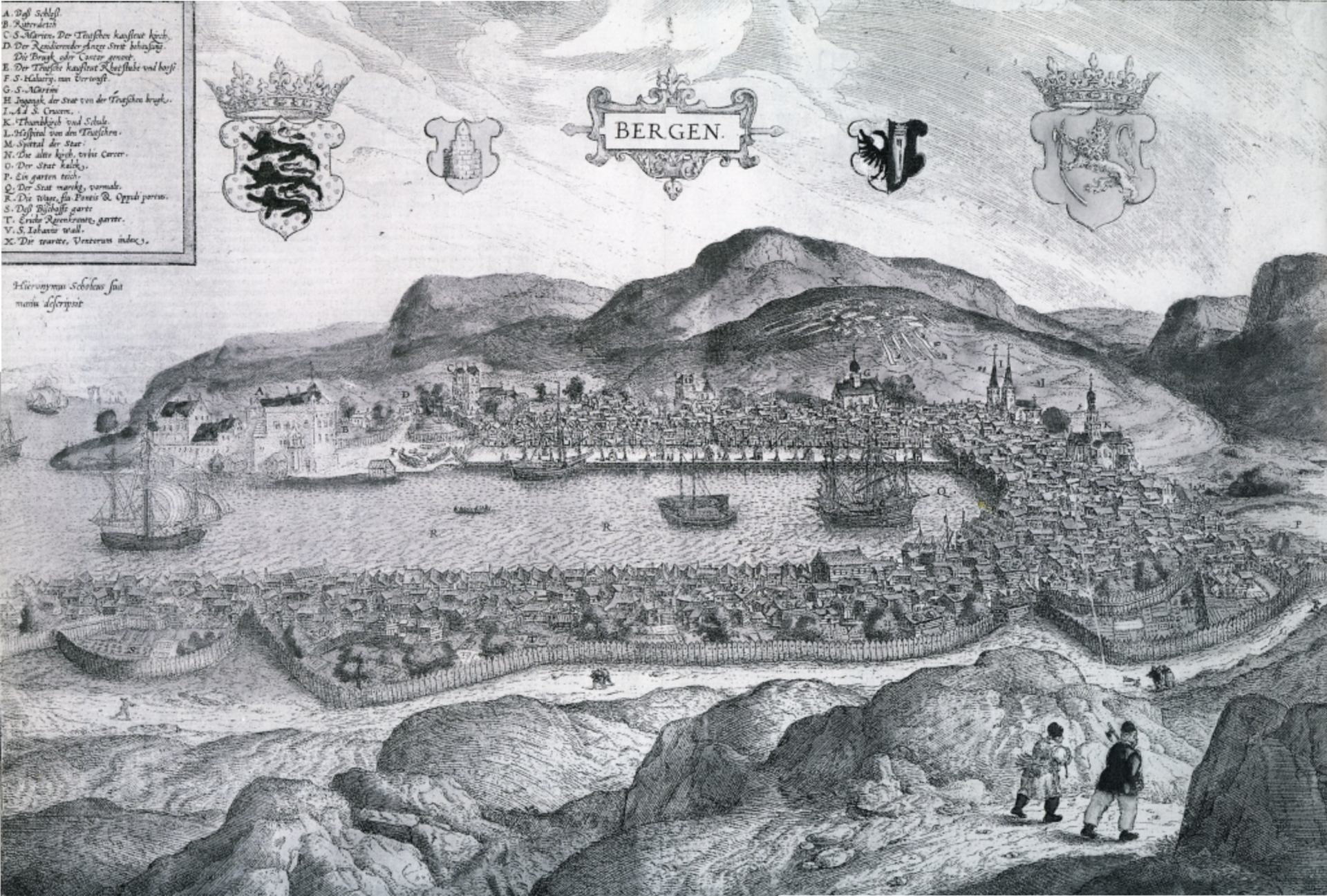 Bird's-eye view of Bergen, from Braun & Hogenberg's Civitates Orbis Terrarum, Bergen
