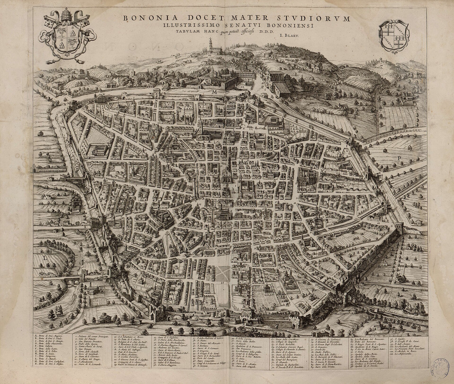 Bird's-eye view of Bologna (Bononia docet mater studiorum), from Joan Blaeu's Theatrum Civitatum et Admirandorum Italiae — Bologna