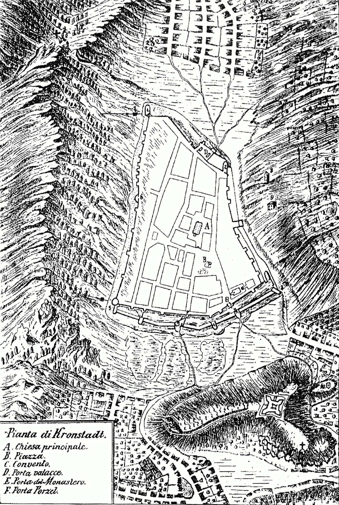Bird's-eye plan (Pianta di Kronstadt) of Kronstadt (Brașov) by Giovanni Morando Visconti, Brașov