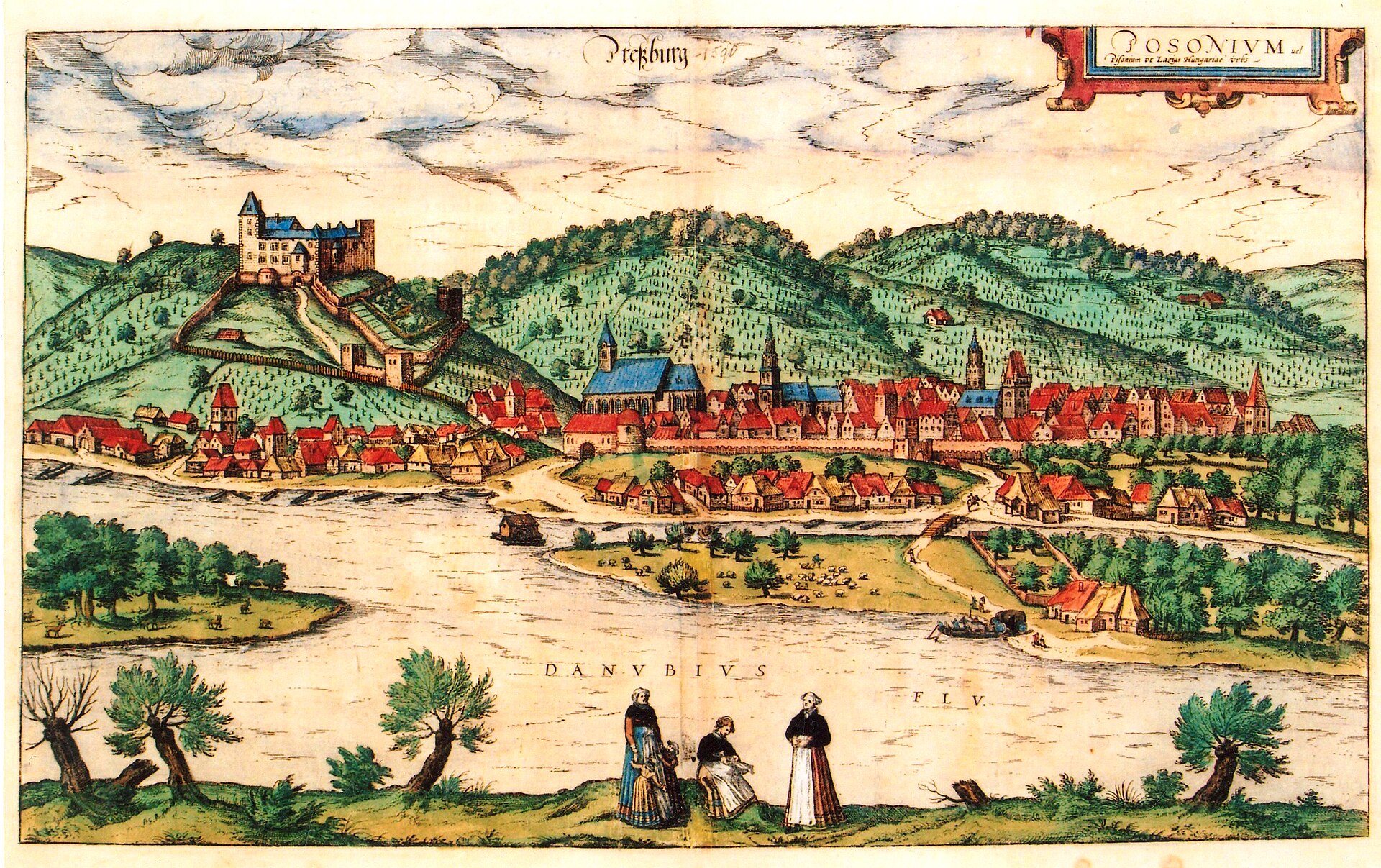 Engraved view of Posonium (Bratislava), from Braun & Hogenberg's Civitates Orbis Terrarum, Bratislava