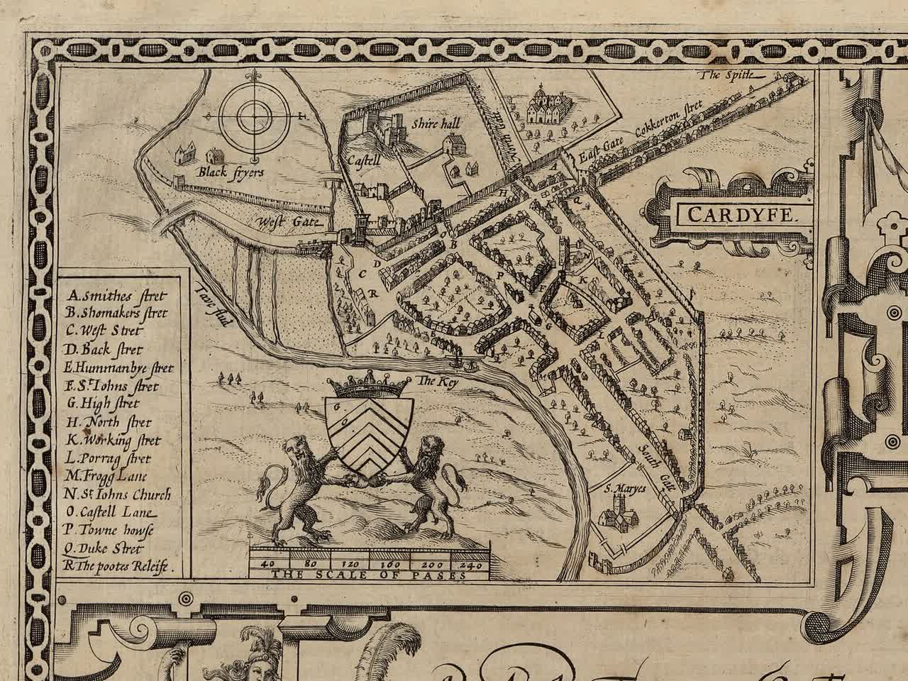 Cardiff town plan, inset from John Speed's map of Glamorganshire, Cardiff