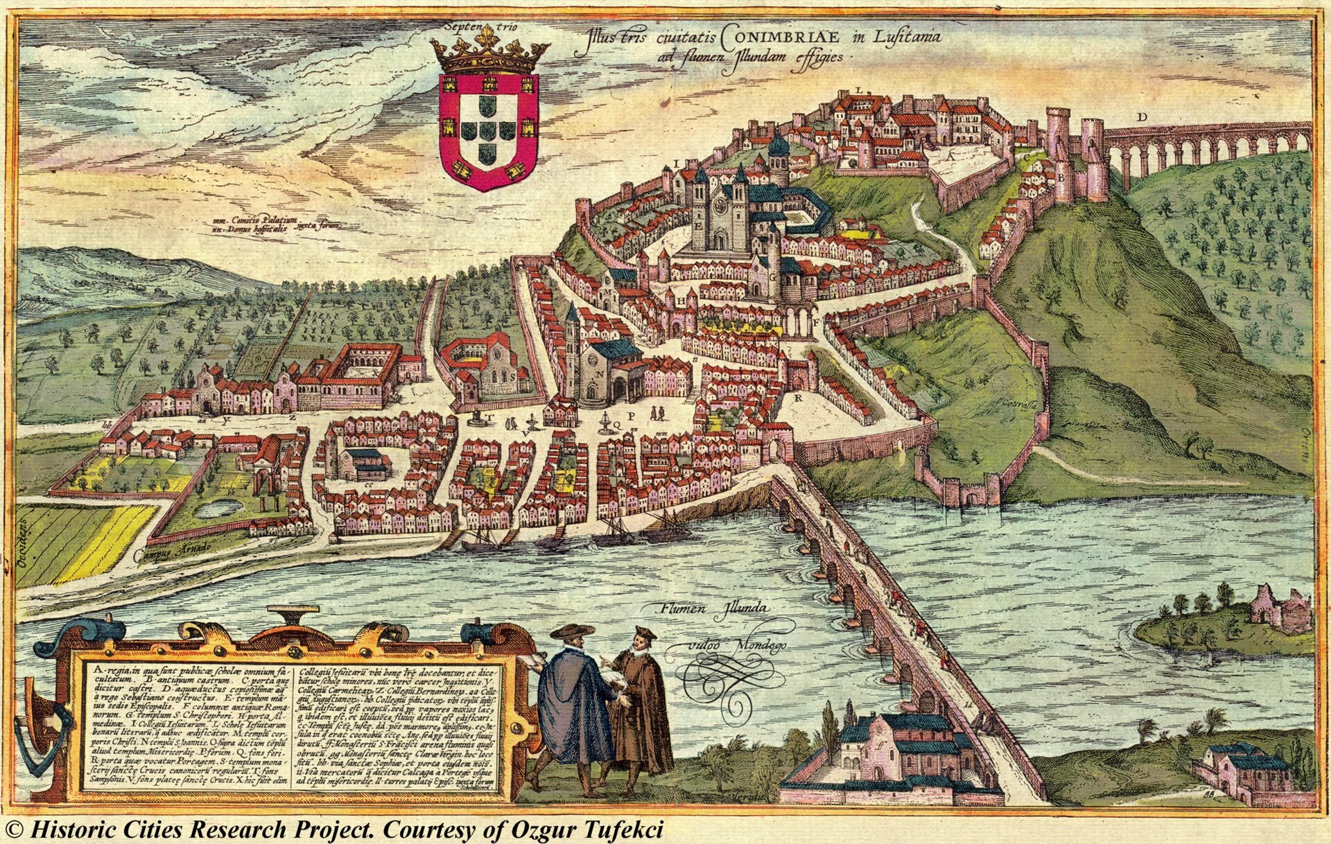 Bird's-eye view of Coimbra (Illustris civitatis Conimbriae in Lusitania), from Braun & Hogenberg's Civitates Orbis Terrarum — Coimbra