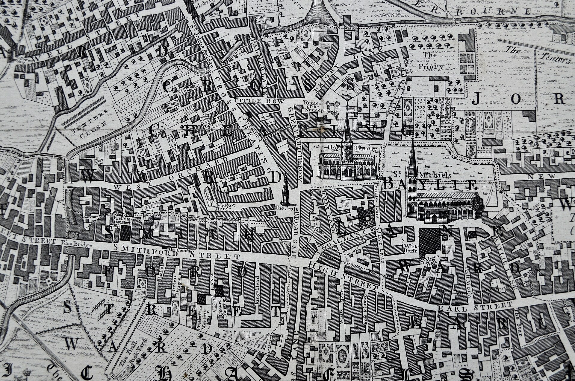 Detail of Coventry from Samuel Bradford's map, engraved by Thomas Jefferys (1748) — Coventry