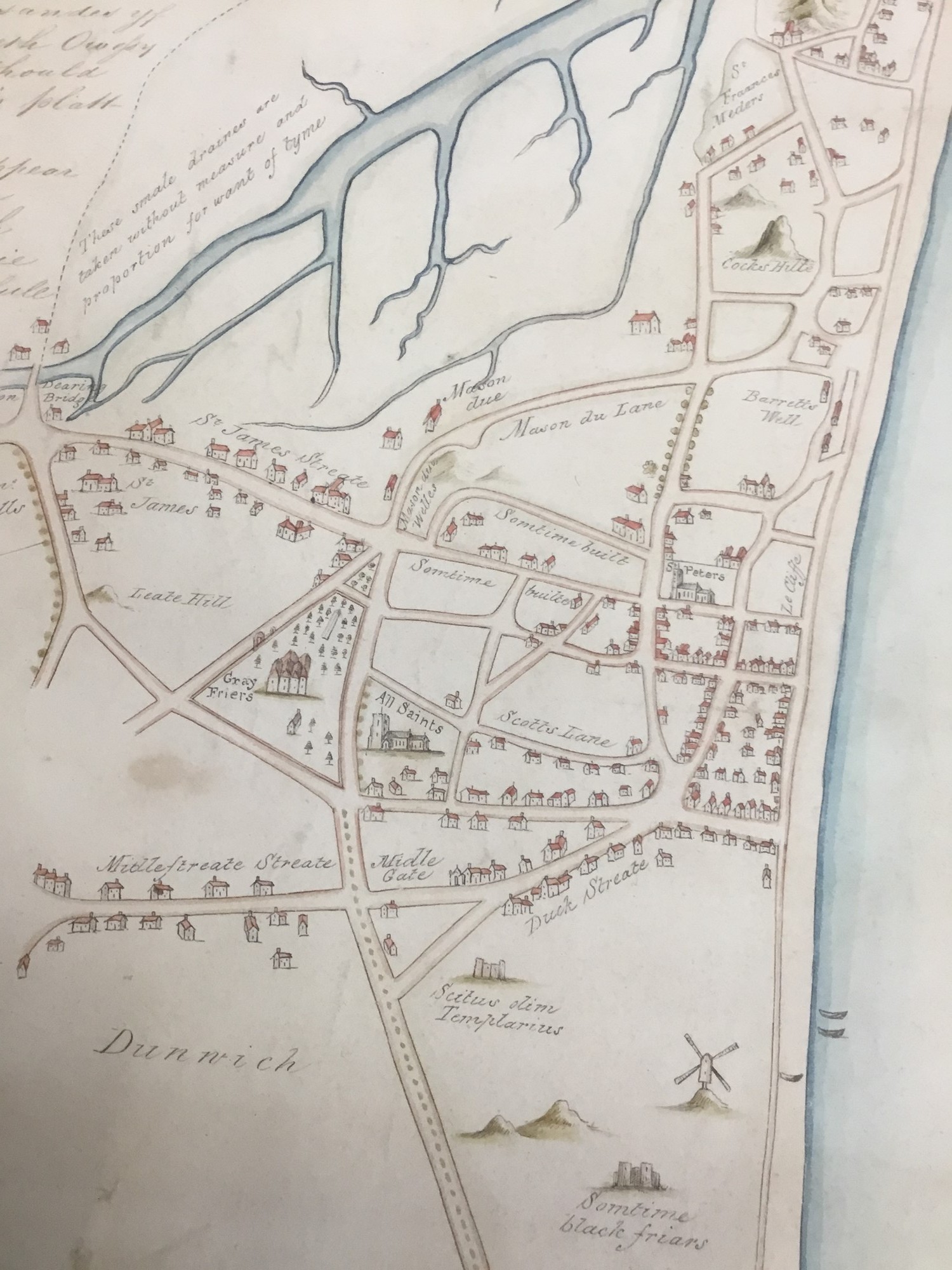 Hand-drawn plan of Dunwich (after Ralph Agas), 1580, Dunwich