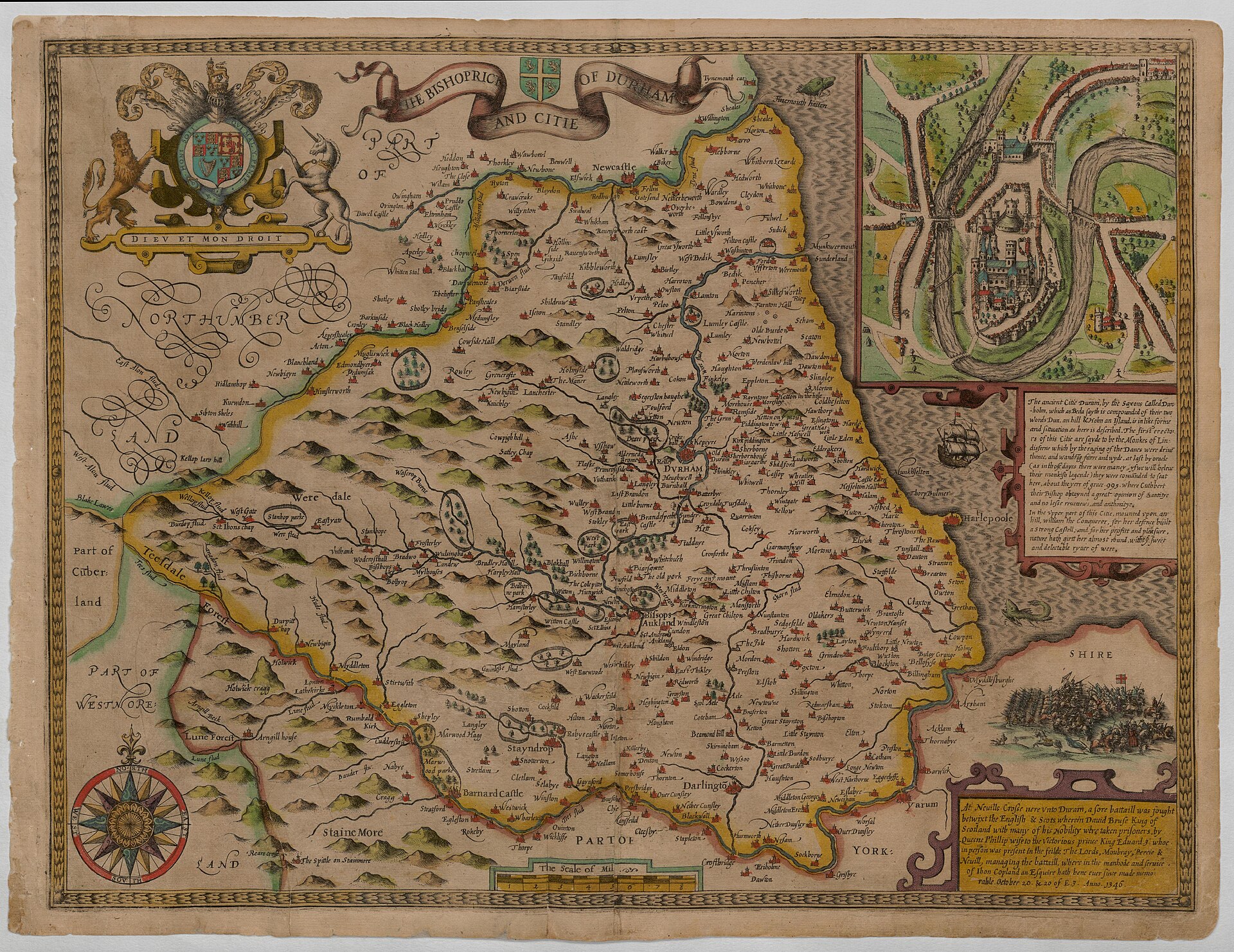 Bird's-eye view of Durham (inset on 'The Bishoprick of Durham and Citie'), by John Speed — Durham