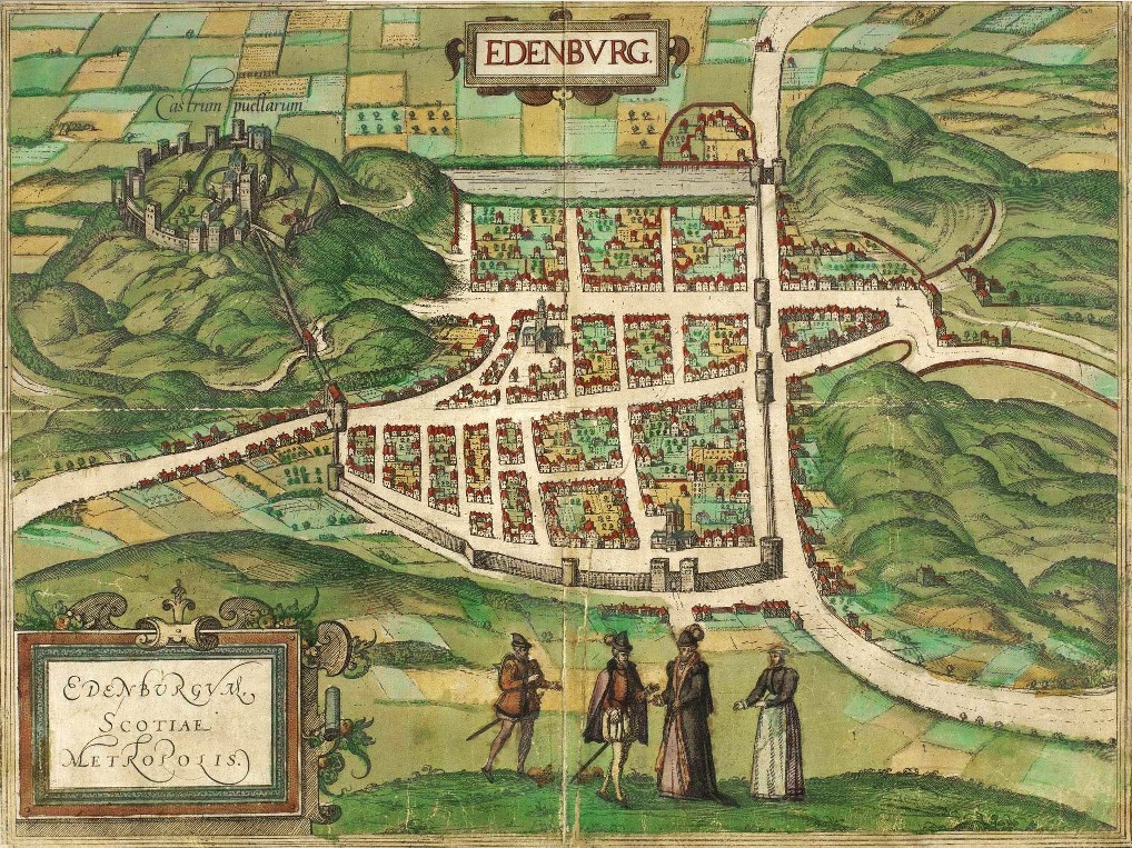 Edenburgum (Edinburgh), Scotiae Metropolis — bird's-eye view from Braun & Hogenberg's Civitates Orbis Terrarum, Edinburgh