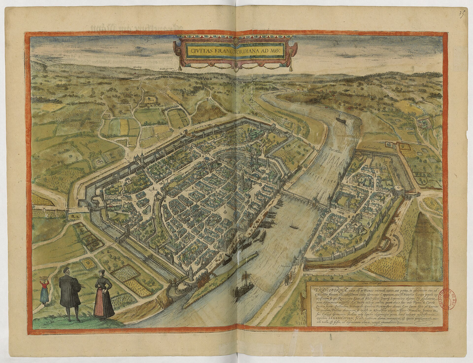 Bird's-eye view of Frankfurt am Main, from Braun & Hogenberg's Civitates Orbis Terrarum — Frankfurt