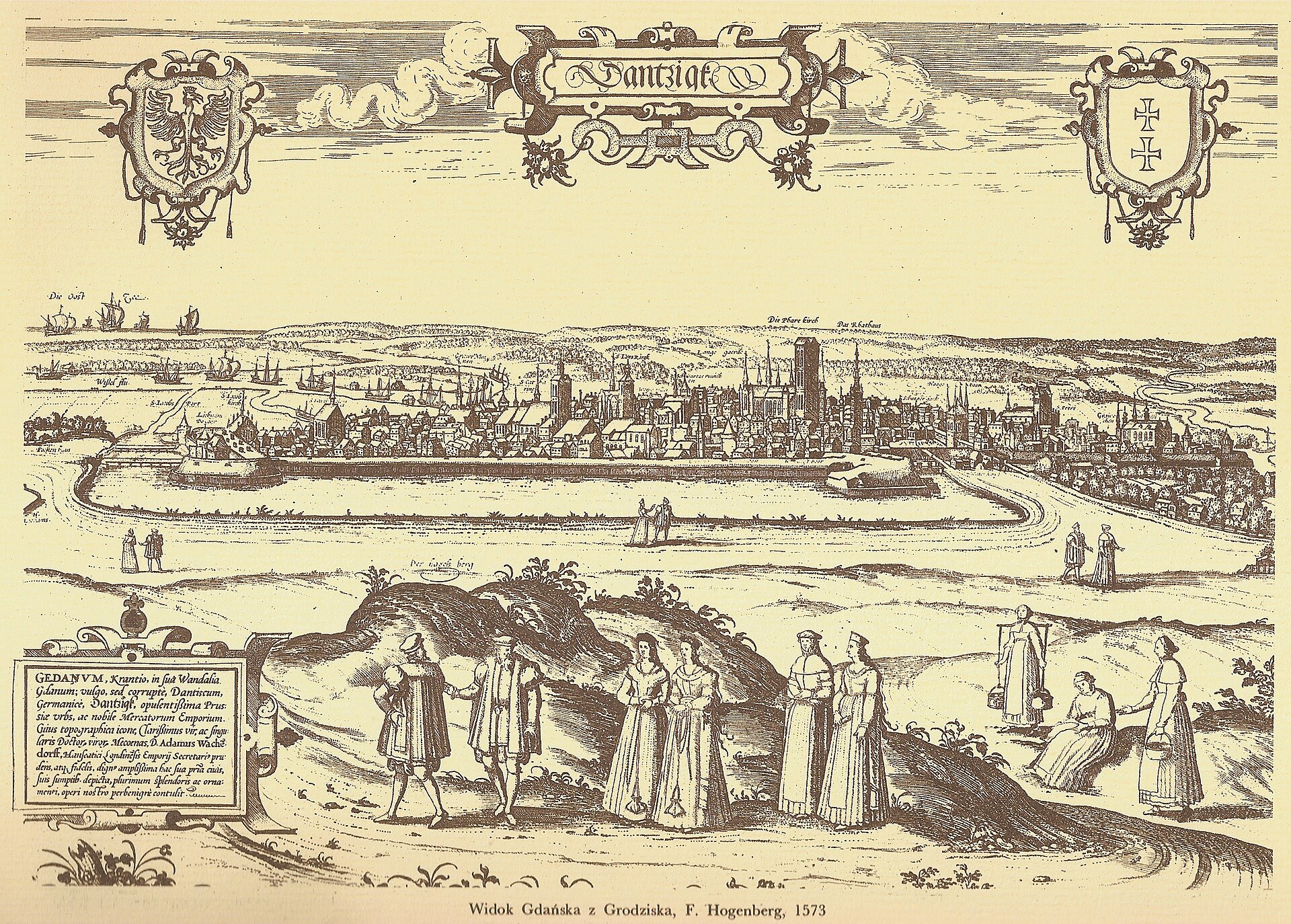 Bird's-eye view of Dantzig (Gdańsk), from Braun & Hogenberg's Civitates/period panorama (cartouche: Dantzigk), Gdańsk