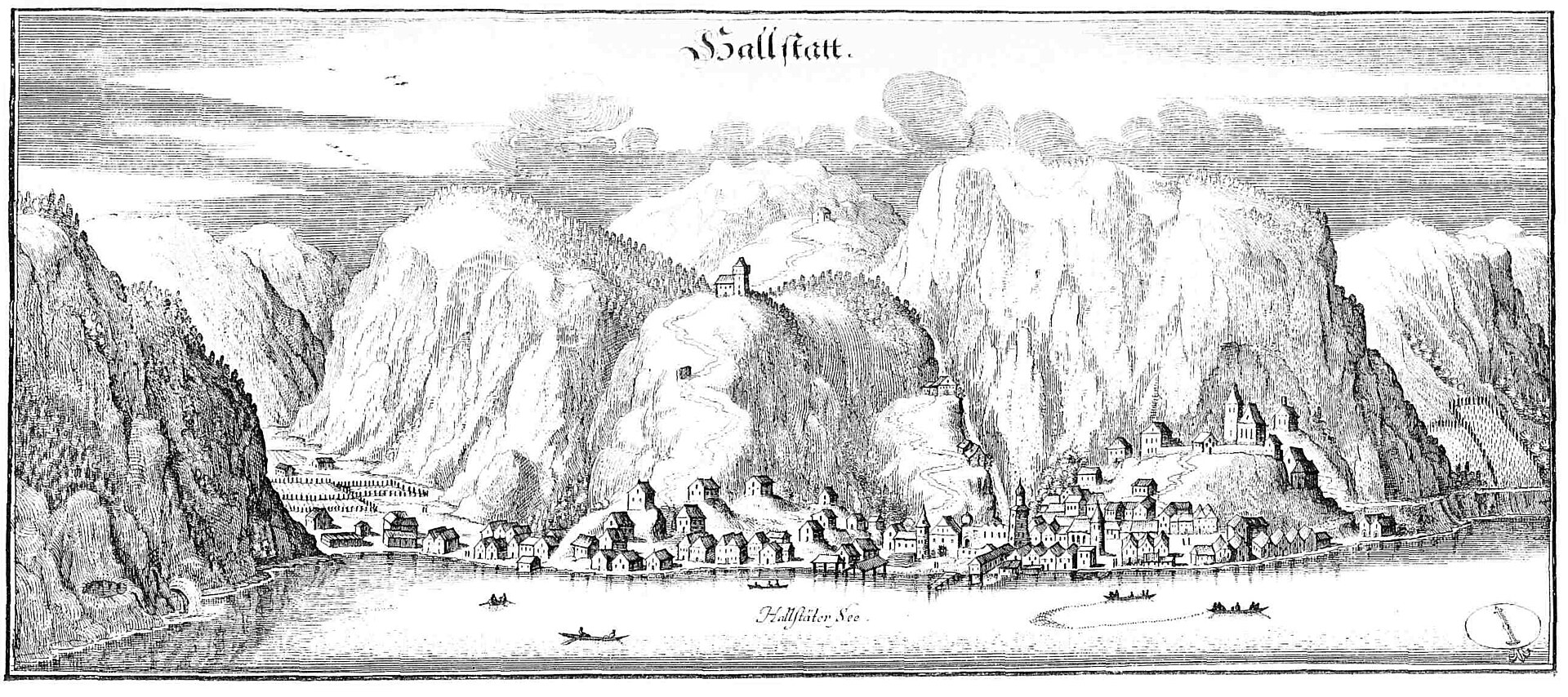 Engraved view of Hallstatt, from Matthaeus Merian (1656) — Hallstatt