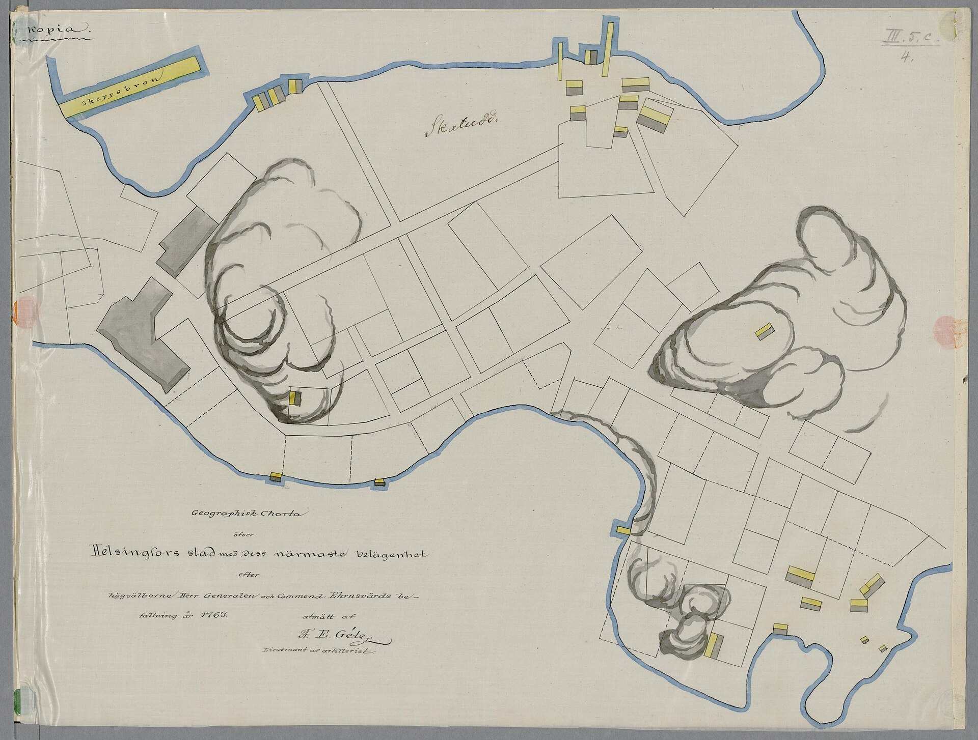 Geographisk charta öfver Helsingfors stad med dess närmaste belägenhet (surveyed by A. E. Géte), Helsinki