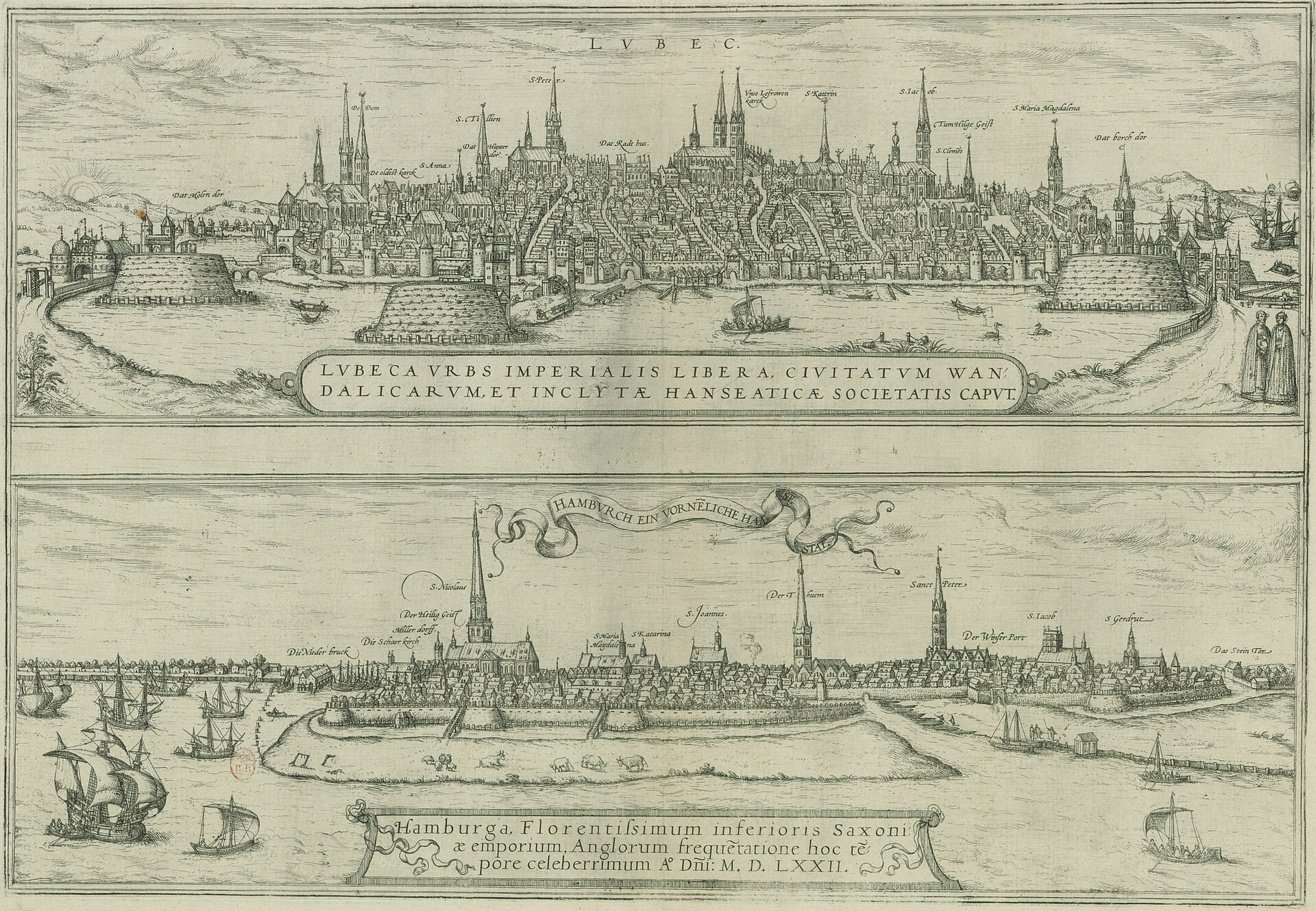 Bird's-eye view of Lübeck ('Lubeca urbs imperialis libera'), from Braun & Hogenberg's Civitates Orbis Terrarum, Lübeck