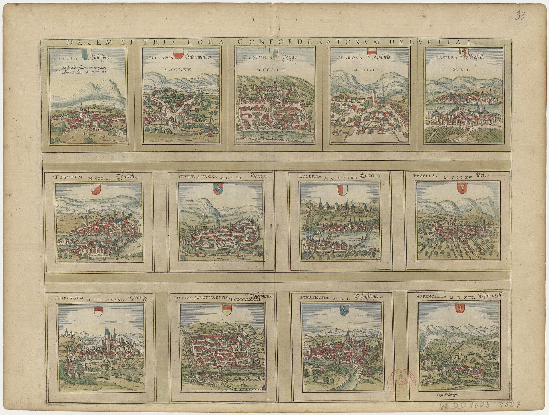 Bird's-eye view of Lucerne (Lucerna), from Braun & Hogenberg, Decem et tria loca confoederatorum Helvetiae — Lucerne