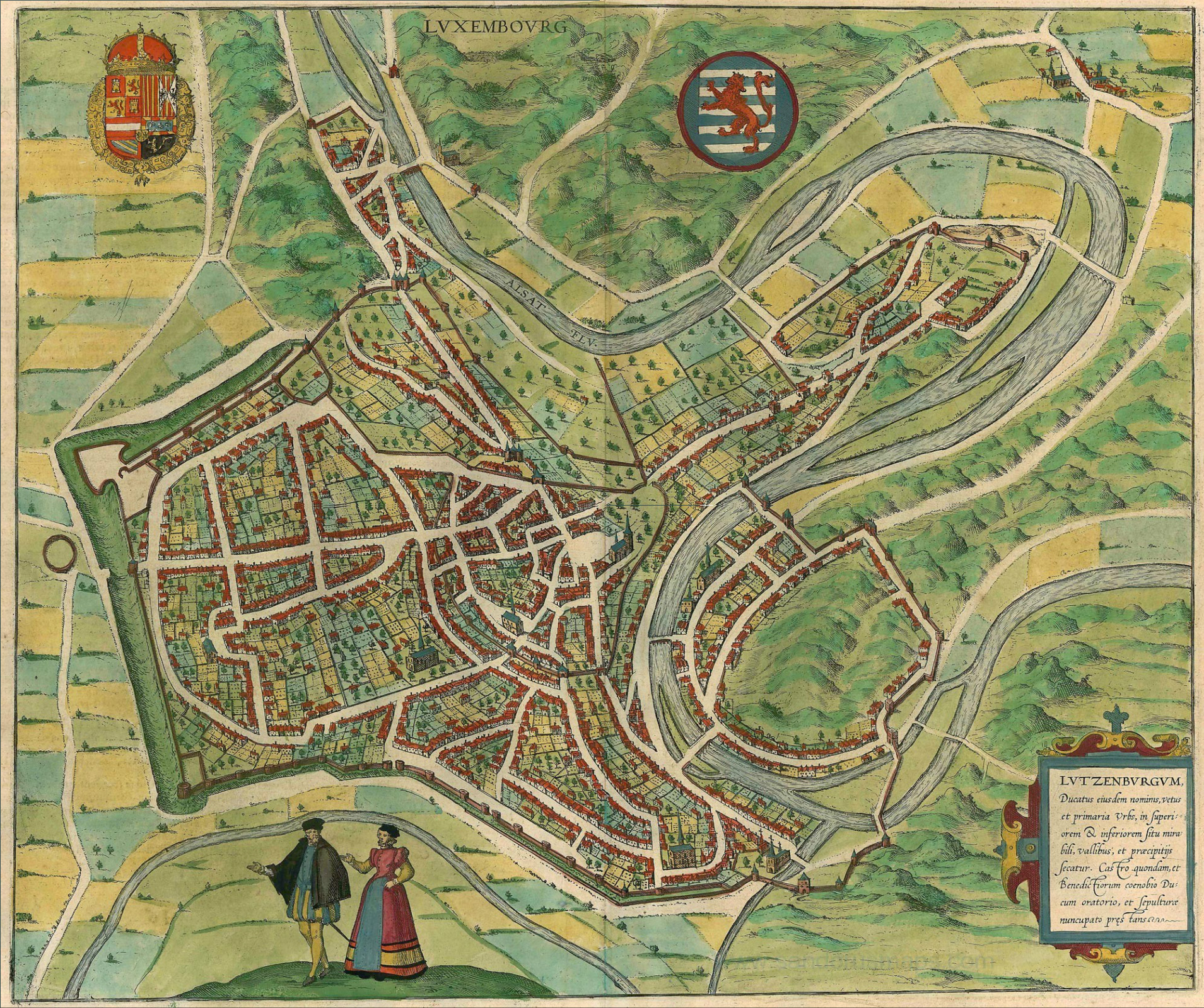 Bird's-eye view of Luxembourg, from Braun & Hogenberg's Civitates Orbis Terrarum — Luxembourg City