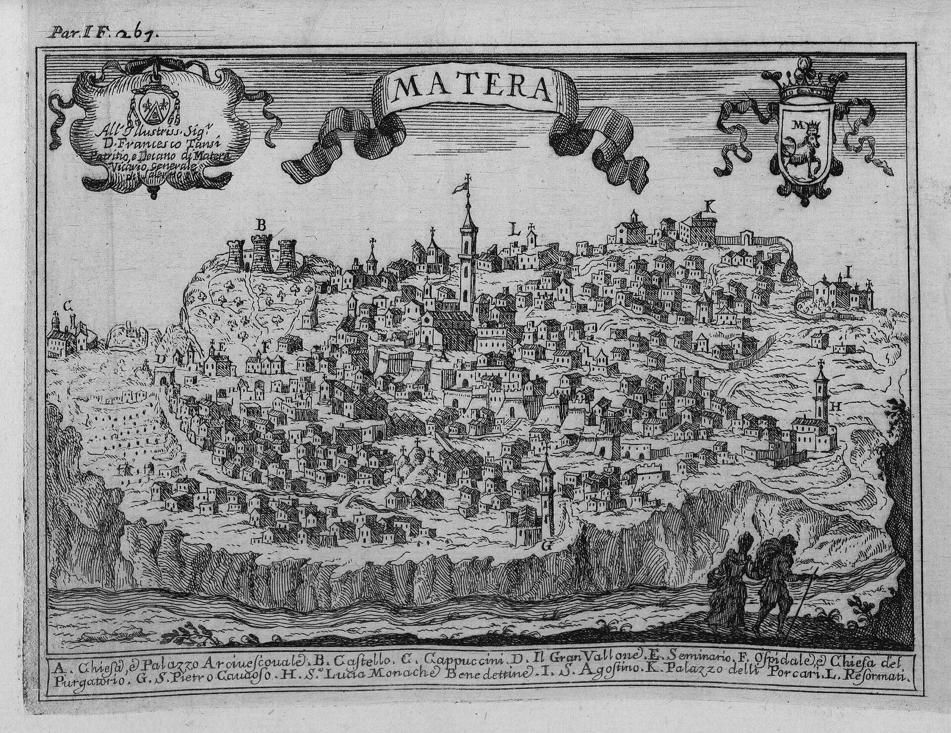 Bird's-eye view of Matera, from Pacichelli's Il regno di Napoli in prospettiva (1641) — Matera