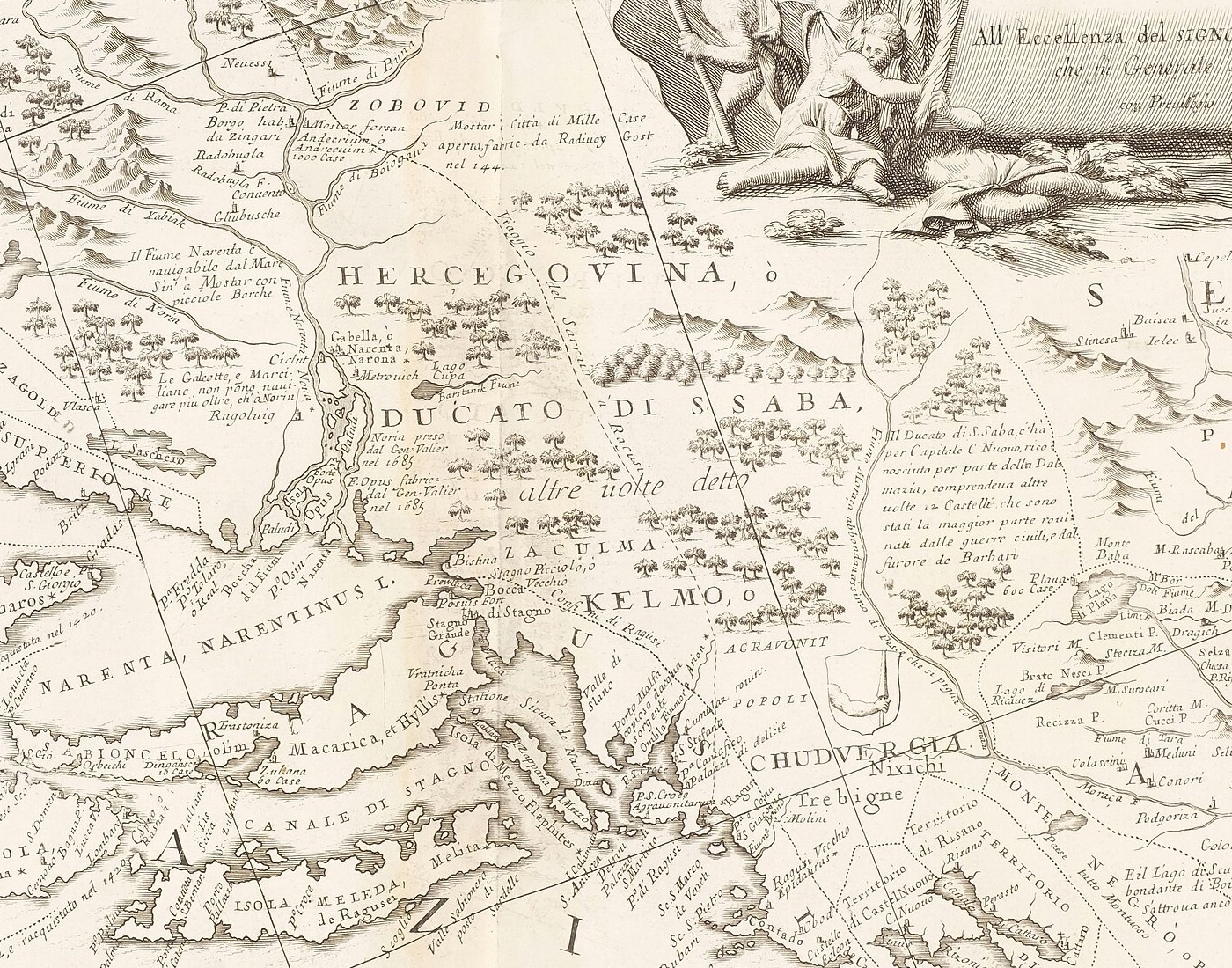 Mostar on Coronelli's map of Dalmatia and Herzegovina, from the Atlante Veneto, Mostar
