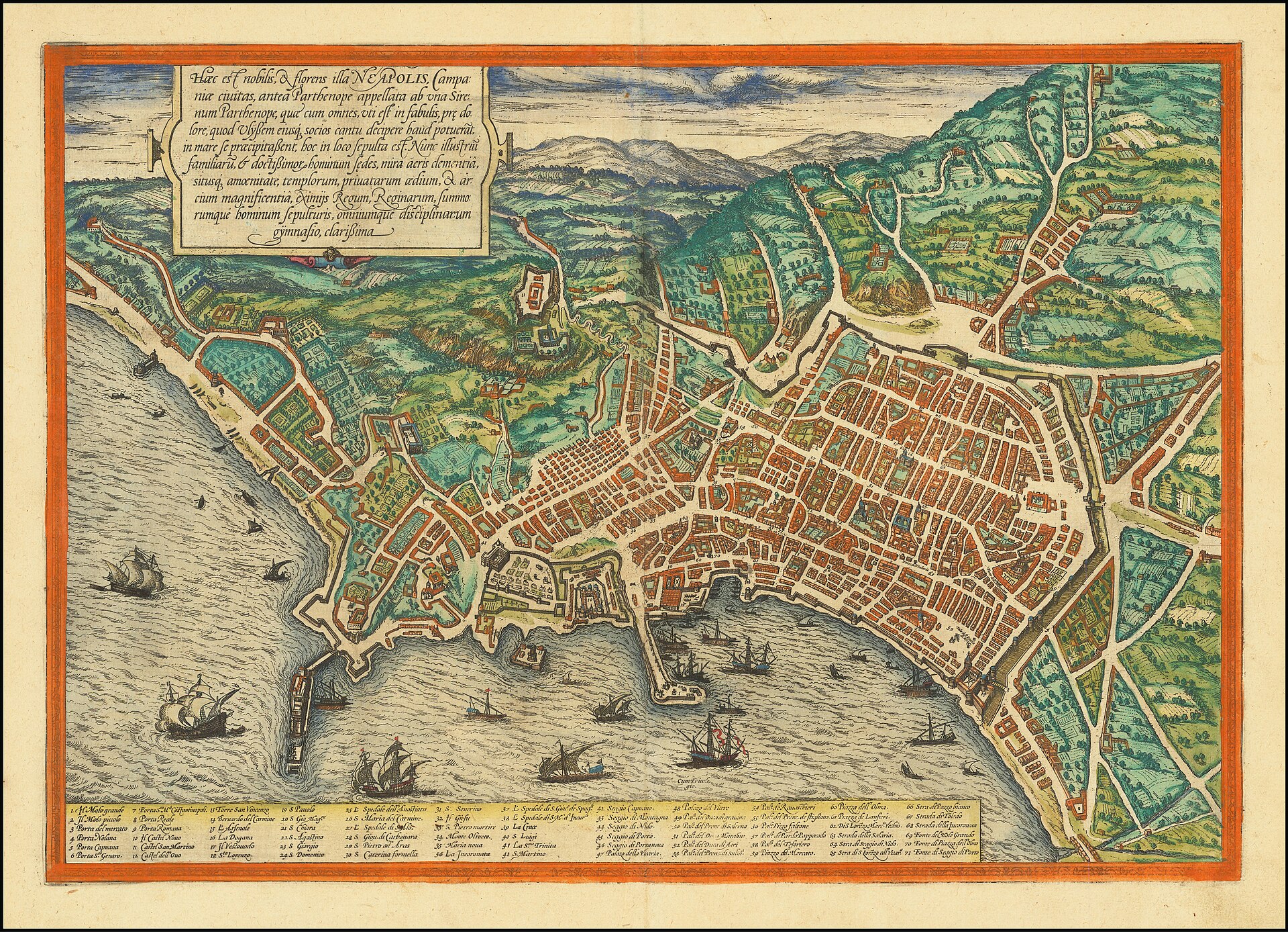 Bird's-eye view of Naples (Neapolis), from Braun & Hogenberg's Civitates Orbis Terrarum, Naples