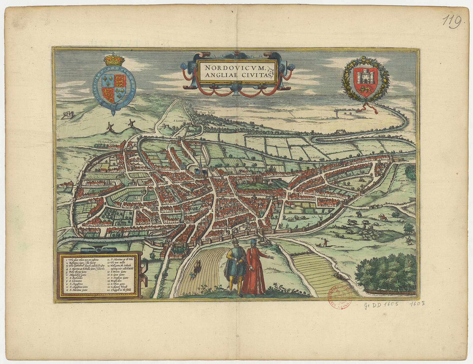 Bird's-eye view of Norwich (Nordovicum), from Georg Braun & Frans Hogenberg's Civitates Orbis Terrarum — Norwich
