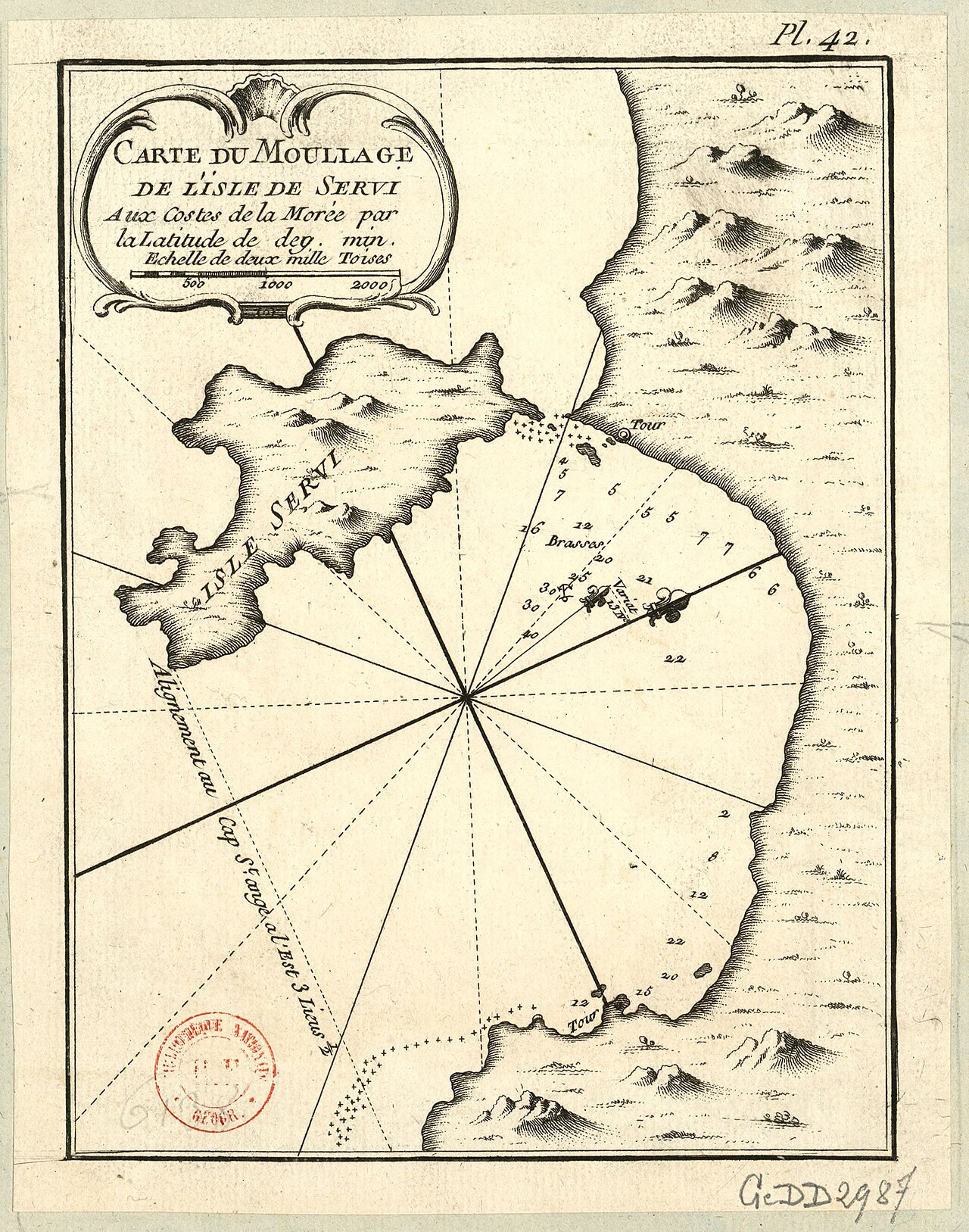 Carte du Mouillage de l'Isle de Servi aux Costes de la Morée, Jacques-Nicolas Bellin, Pavlopetri
