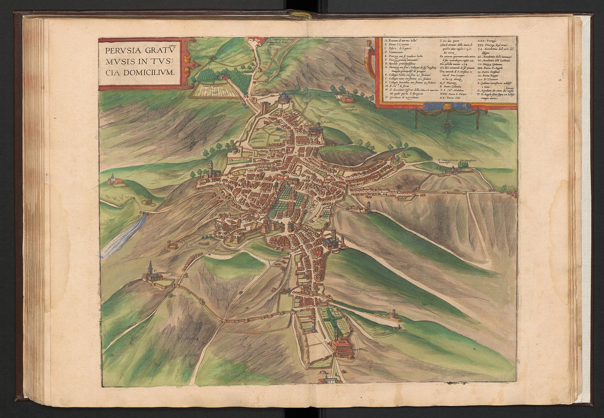 Bird's-eye view of Perugia (Pervsia Gratv· Mvsis in Tvscia Domicilium), from Braun & Hogenberg's Civitates Orbis Terrarum — Perugia