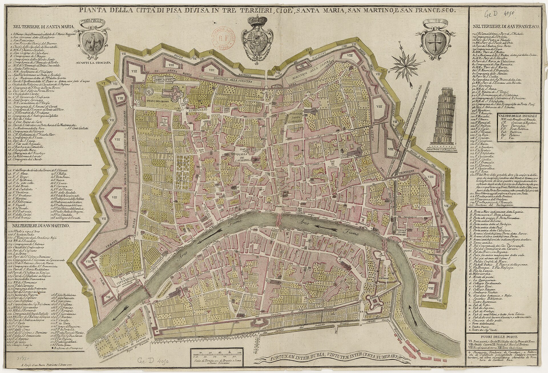 Plan of the city of Pisa divided into three terzieri (Santa Maria, San Martino, San Francesco), Pisa