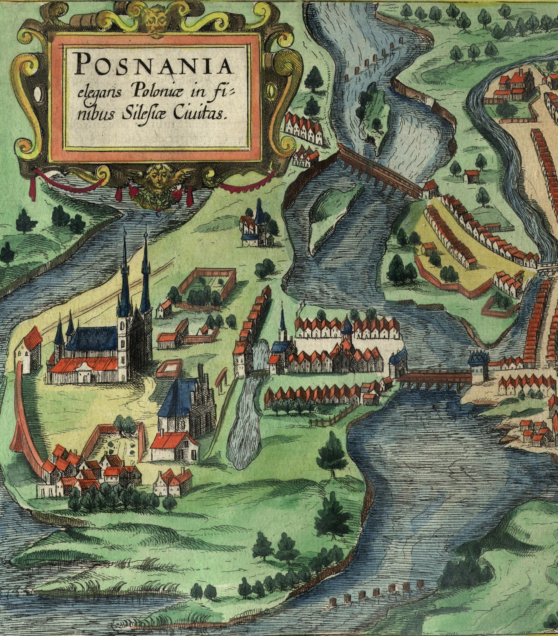 Bird's-eye view of Posnania (Poznań), from Braun & Hogenberg's Civitates Orbis Terrarum — Poznań
