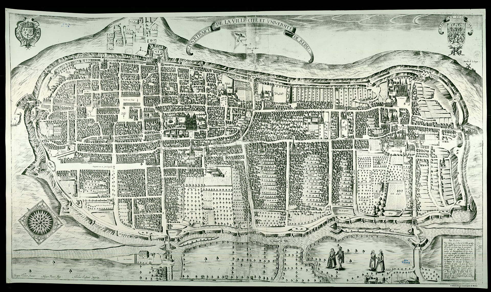 Pourtraict de la ville, cité et université de Reims (bird's-eye view) engraved by Hugues Picart after Jacques Cellier — Reims