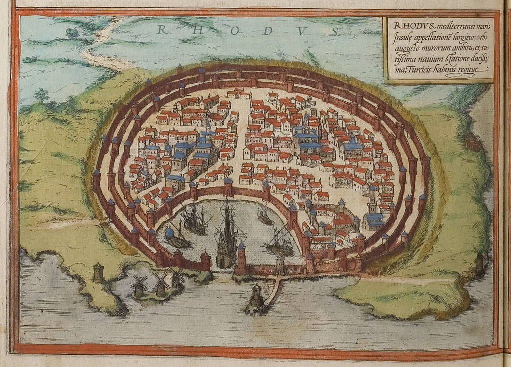 Bird's-eye view of Rhodes, from Braun & Hogenberg's Civitates Orbis Terrarum — Rhodes