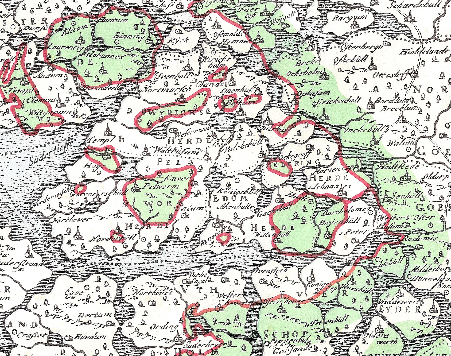 Rungholt on Johannes Mejer's map of Nordfriesland as it lay before the 1362 flood, Rungholt