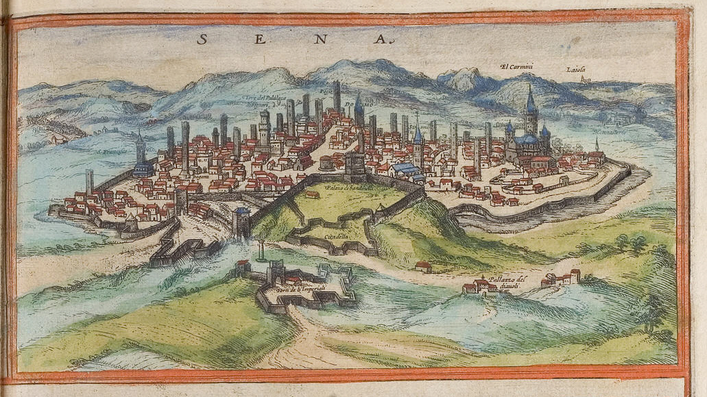 Bird's-eye view of Siena, from Braun & Hogenberg's Civitates Orbis Terrarum, Siena